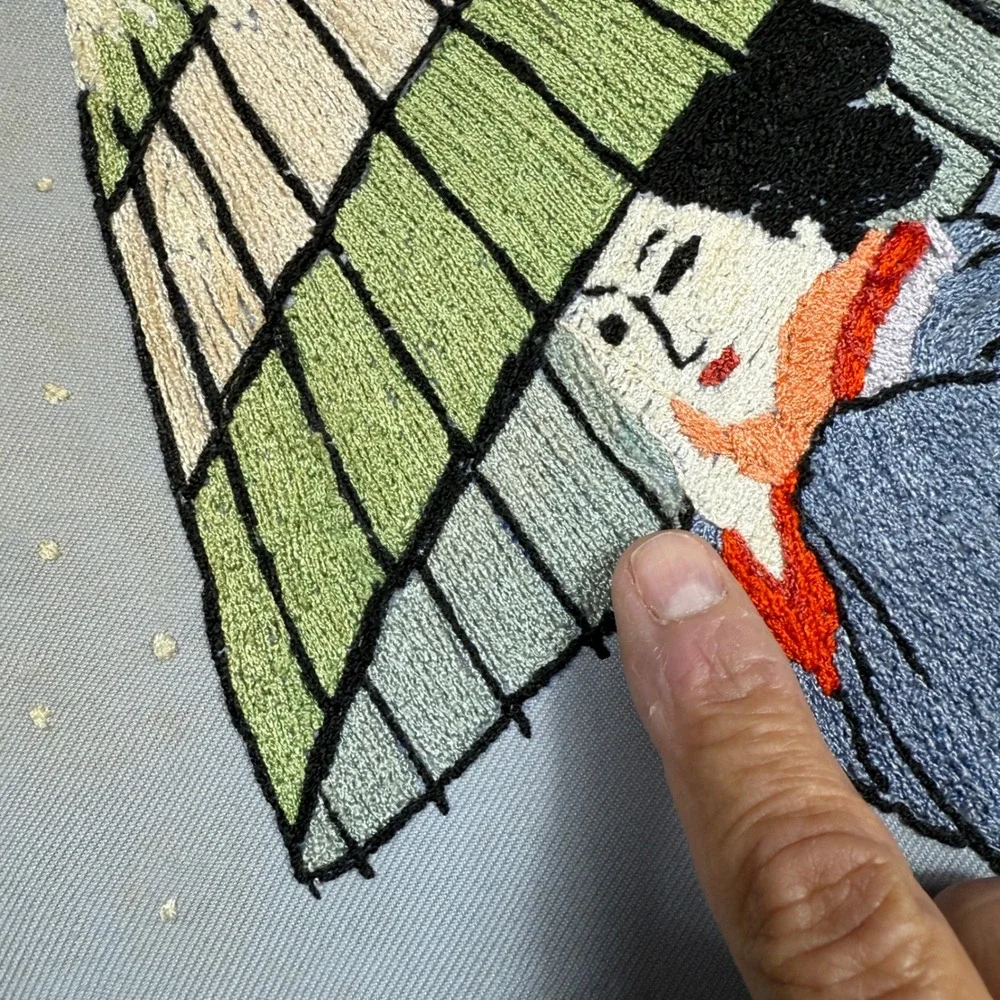 Vintage Asian Japanese Hand Geisha Wall Art‎ Crewel Kimono & Wagasa *see pics**